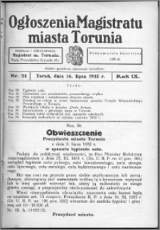 Ogłoszenia Magistratu Miasta Torunia 1932, R. 9, nr 21