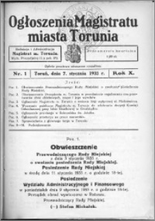 Ogłoszenia Magistratu Miasta Torunia 1933, R. 10, nr 1