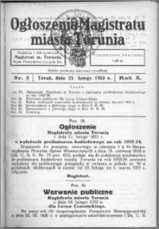 Ogłoszenia Magistratu Miasta Torunia 1933, R. 10, nr 5