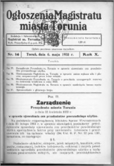 Ogłoszenia Magistratu Miasta Torunia 1933, R. 10, nr 14