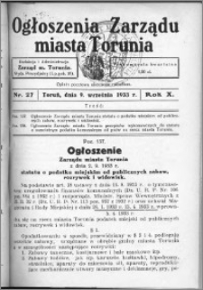 Ogłoszenia Zarządu Miasta Torunia 1933, R. 10, nr 27