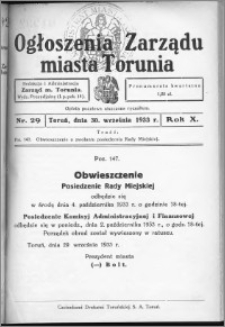 Ogłoszenia Zarządu Miasta Torunia 1933, R. 10, nr 29
