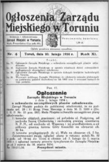 Ogłoszenia Zarządu Miejskiego w Toruniu 1934, R. 11, nr 4