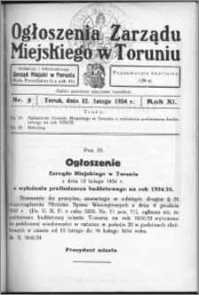 Ogłoszenia Zarządu Miejskiego w Toruniu 1934, R. 11, nr 5
