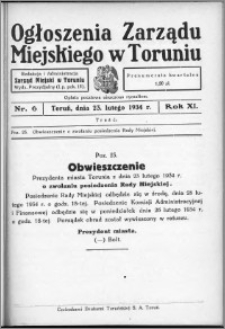 Ogłoszenia Zarządu Miejskiego w Toruniu 1934, R. 11, nr 6