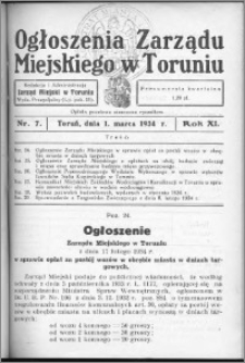 Ogłoszenia Zarządu Miejskiego w Toruniu 1934, R. 11, nr 7
