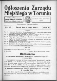 Ogłoszenia Zarządu Miejskiego w Toruniu 1934, R. 11, nr 16