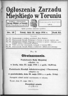 Ogłoszenia Zarządu Miejskiego w Toruniu 1934, R. 11, nr 18
