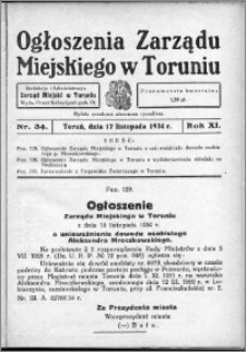 Ogłoszenia Zarządu Miejskiego w Toruniu 1934, R. 11, nr 34