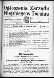 Ogłoszenia Zarządu Miejskiego w Toruniu 1934, R. 11, nr 37