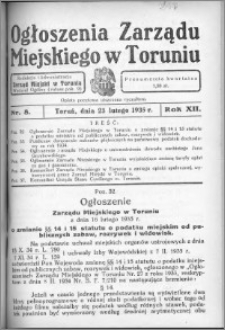 Ogłoszenia Zarządu Miejskiego w Toruniu 1935, R. 12, nr 8