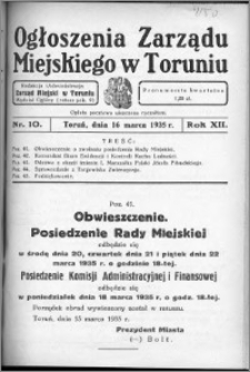 Ogłoszenia Zarządu Miejskiego w Toruniu 1935, R. 12, nr 10