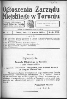 Ogłoszenia Zarządu Miejskiego w Toruniu 1935, R. 12, nr 11
