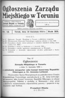 Ogłoszenia Zarządu Miejskiego w Toruniu 1935, R. 12, nr 15