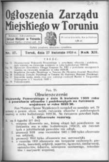 Ogłoszenia Zarządu Miejskiego w Toruniu 1935, R. 12, nr 17