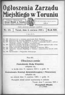 Ogłoszenia Zarządu Miejskiego w Toruniu 1935, R. 12, nr 22
