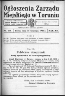 Ogłoszenia Zarządu Miejskiego w Toruniu 1935, R. 12, nr 33