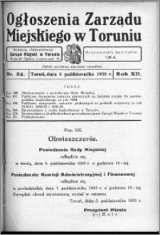 Ogłoszenia Zarządu Miejskiego w Toruniu 1935, R. 12, nr 34