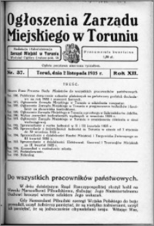 Ogłoszenia Zarządu Miejskiego w Toruniu 1935, R. 12, nr 37