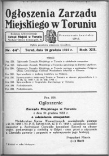 Ogłoszenia Zarządu Miejskiego w Toruniu 1935, R. 12, nr 44