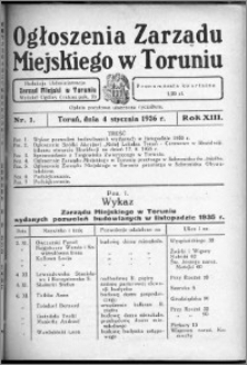 Ogłoszenia Zarządu Miejskiego w Toruniu 1936, R. 13, nr 1