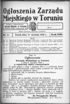 Ogłoszenia Zarządu Miejskiego w Toruniu 1936, R. 13, nr 2