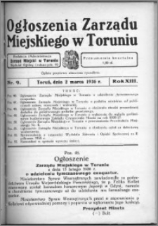 Ogłoszenia Zarządu Miejskiego w Toruniu 1936, R. 13, nr 9