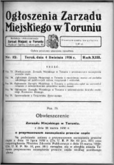 Ogłoszenia Zarządu Miejskiego w Toruniu 1936, R. 13, nr 12