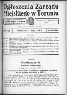 Ogłoszenia Zarządu Miejskiego w Toruniu 1936, R. 13, nr 15