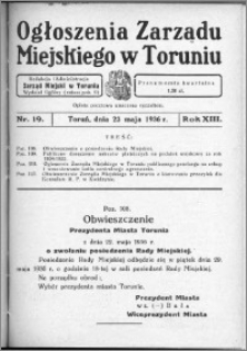 Ogłoszenia Zarządu Miejskiego w Toruniu 1936, R. 13, nr 19