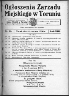 Ogłoszenia Zarządu Miejskiego w Toruniu 1936, R. 13, nr 21