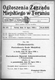 Ogłoszenia Zarządu Miejskiego w Toruniu 1936, R. 13, nr 27