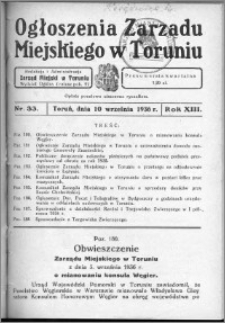 Ogłoszenia Zarządu Miejskiego w Toruniu 1936, R. 13, nr 33