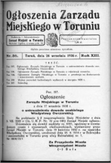 Ogłoszenia Zarządu Miejskiego w Toruniu 1936, R. 13, nr 36