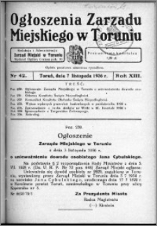 Ogłoszenia Zarządu Miejskiego w Toruniu 1936, R. 13, nr 42