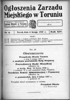 Ogłoszenia Zarządu Miejskiego w Toruniu 1937, R. 14, nr 4