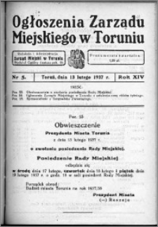 Ogłoszenia Zarządu Miejskiego w Toruniu 1937, R. 14, nr 5