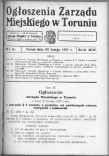 Ogłoszenia Zarządu Miejskiego w Toruniu 1937, R. 14, nr 6