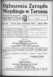 Ogłoszenia Zarządu Miejskiego w Toruniu 1937, R. 14, nr 13