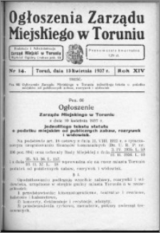 Ogłoszenia Zarządu Miejskiego w Toruniu 1937, R. 14, nr 14