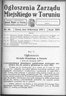 Ogłoszenia Zarządu Miejskiego w Toruniu 1937, R. 14, nr 16