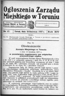 Ogłoszenia Zarządu Miejskiego w Toruniu 1937, R. 14, nr 17