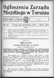 Ogłoszenia Zarządu Miejskiego w Toruniu 1937, R. 14, nr 18