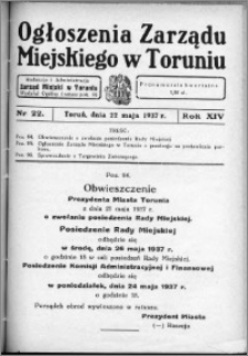 Ogłoszenia Zarządu Miejskiego w Toruniu 1937, R. 14, nr 22