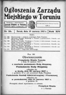 Ogłoszenia Zarządu Miejskiego w Toruniu 1937, R. 14, nr 26