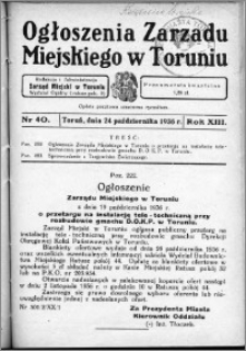 Ogłoszenia Zarządu Miejskiego w Toruniu 1937, R. 14, nr 40