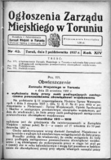 Ogłoszenia Zarządu Miejskiego w Toruniu 1937, R. 14, nr 43