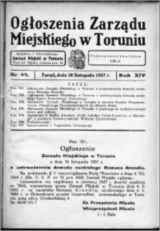 Ogłoszenia Zarządu Miejskiego w Toruniu 1937, R. 14, nr 49