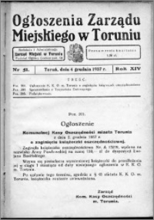 Ogłoszenia Zarządu Miejskiego w Toruniu 1937, R. 14, nr 51