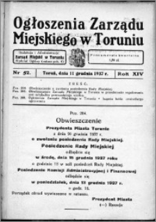 Ogłoszenia Zarządu Miejskiego w Toruniu 1937, R. 14, nr 52